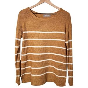 2Sable Womens Small Striped Long Sleeve Sweater Mustard White Side Slits